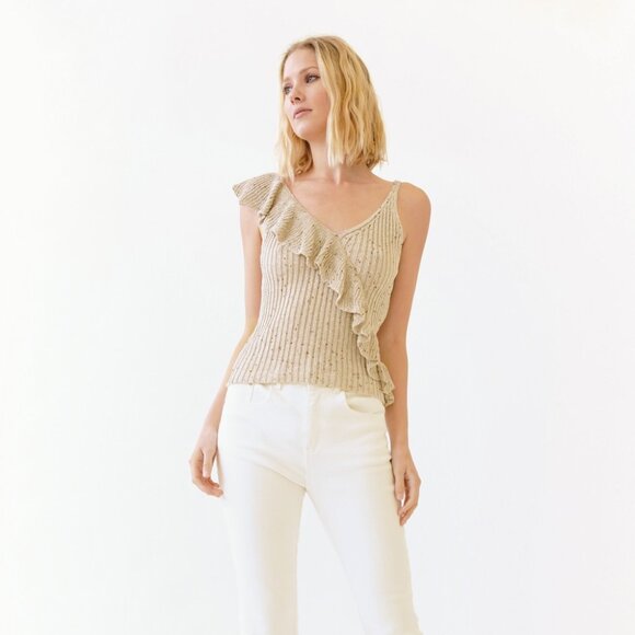 MYSTREE Beige Knit Ruffle Tank Top, Sleeveless Ribbed Sweater - Picture 4 of 10